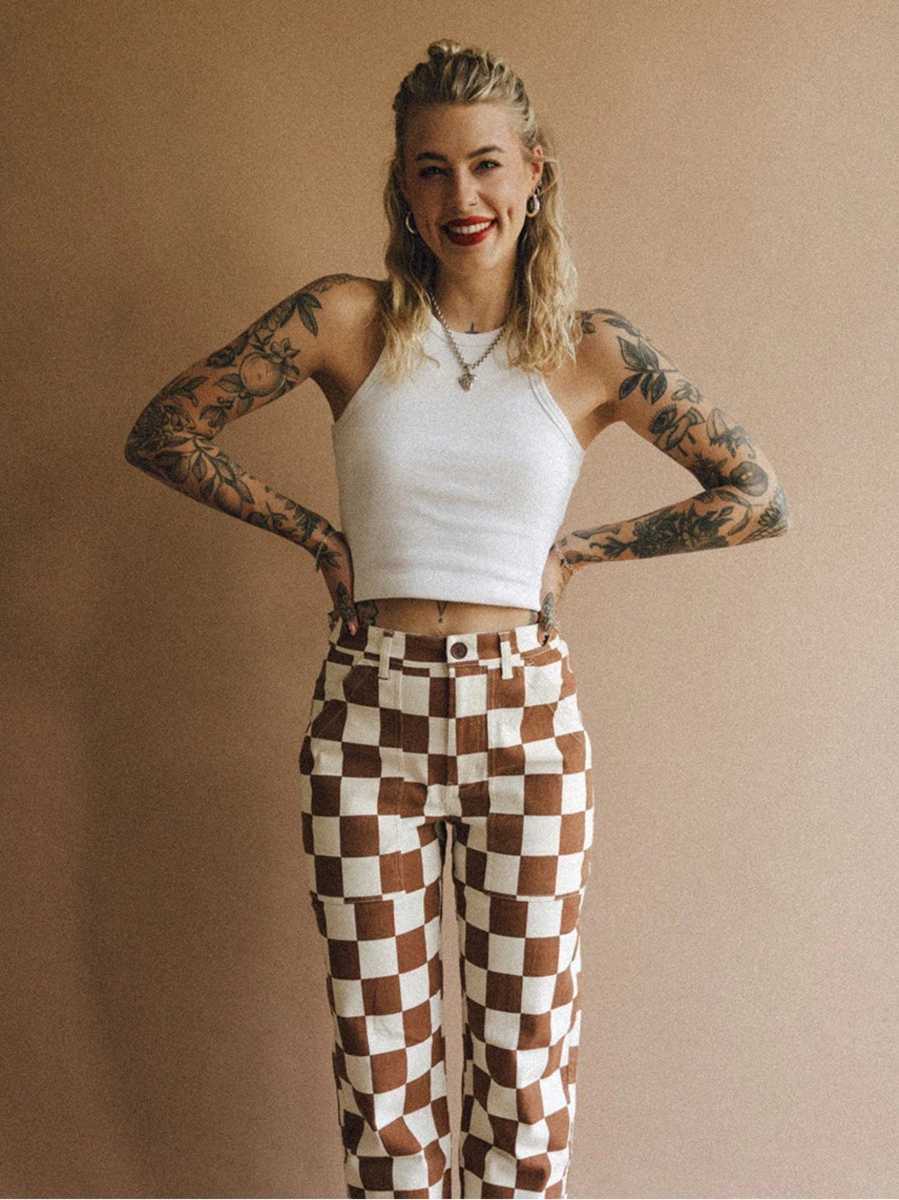 P&Co Service Fatigue Checkerboard Pants - Women’s Brown/Cream - UK 12 / US 8